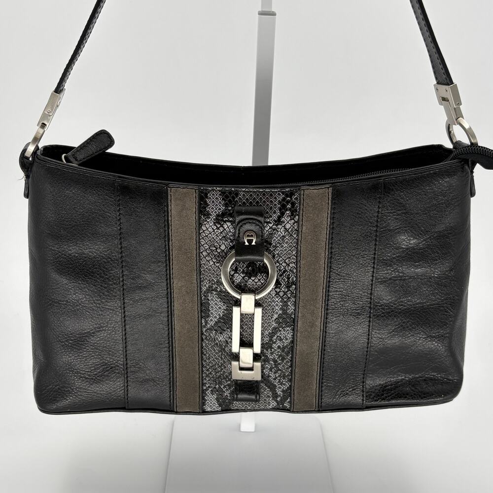 Etienne Aigner Leather Suede Snake Baguette Shoulder Bag Black Vintage
